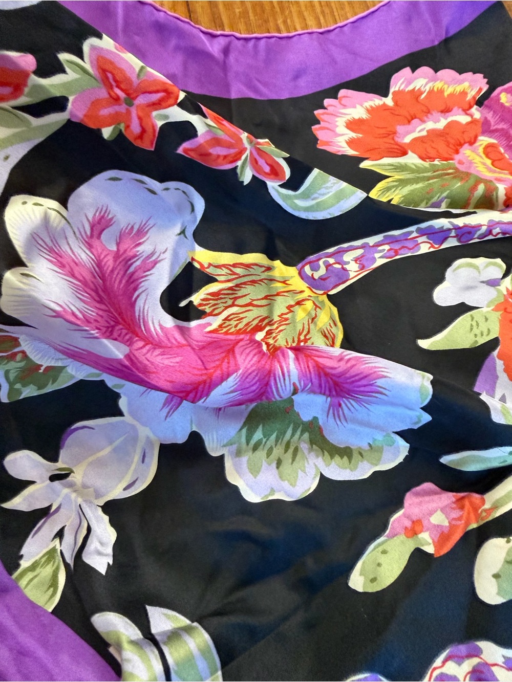 Vintage Ralph Lauren Black Tropical Birds Silk Scarf with Purple Border 90's - Picture 5 of 8